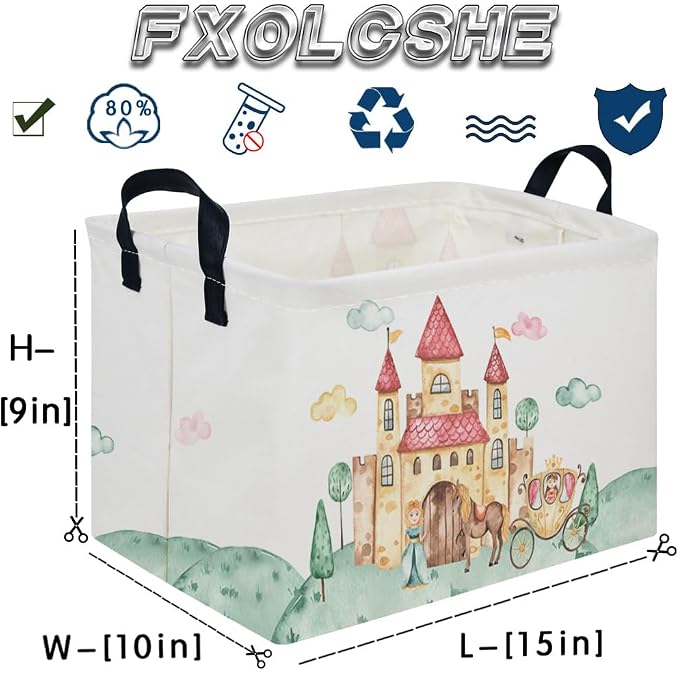 Rectangular Pink Princess Storage Basket,Cute Basket for with Handles for Room Decor,Gift Baskets,Girl pink room decor(Watercolor castle)