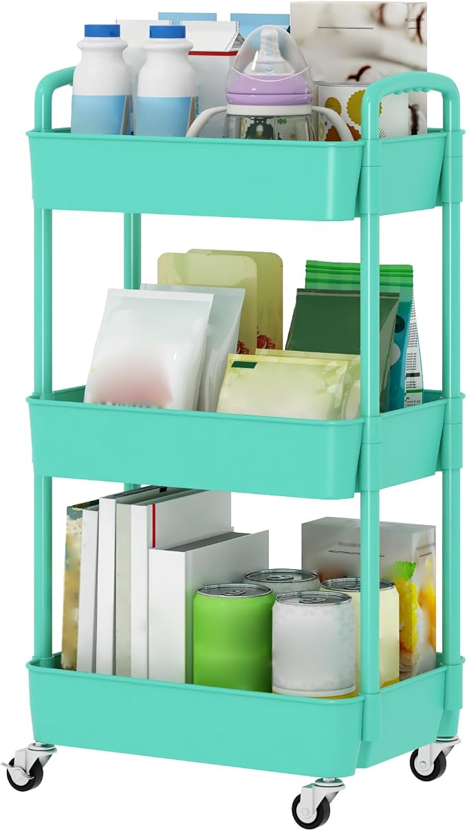 Sywhitta 3-Tier Plastic Rolling Utility Cart with Wheels for Storage, Green | Multi-Functional Storage Trolley, for Office, Living Room, Kitchen, Bathroom,Movable Organizer,Space-Saving,Easy to assemble