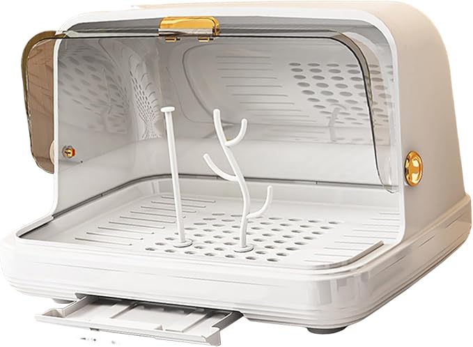 harayaa Rack Rack with Cover Storage Box Organizer Portable PET Material Dustproof Dish Drainer Easy to Clean for Nursery Suitable, White Medium