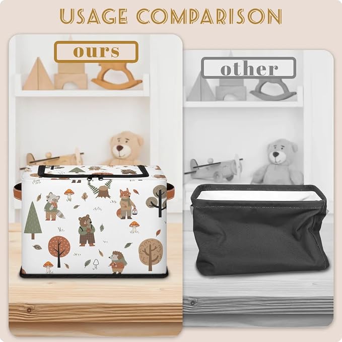 Wolf Bear Hedgehog Storage Baskets - Cute Animal Plants Bin Collapsible Organizer Cube with Zipper Lid, Mushroom Leaves Tree Box with Handles for Home Bedroom Office, 24L