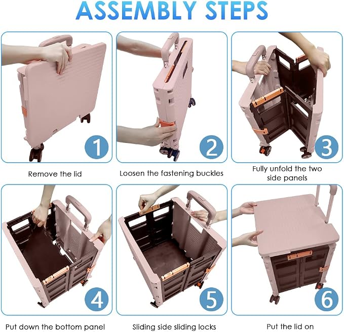 Foldable Utility Cart Portable Collapsible Crate Rolling Carts with Wheels Rolling Tote Basket Teacher Cart with Lid Wear-Resistant 360°Rotate Wheel Noiseless for Shopping Storage Office Use