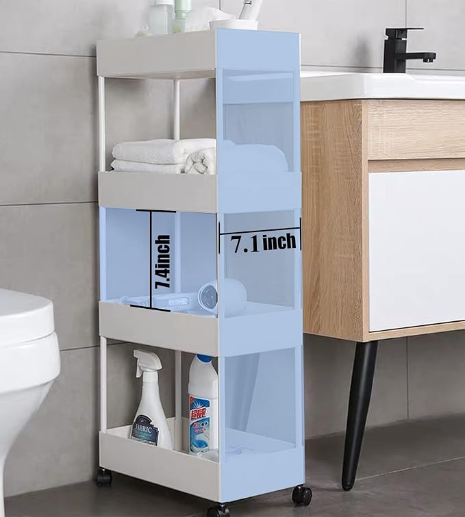 4 Tier Slim Rolling Utility Kitchen Cart Bathroom Organizer for Narrow Places Multipurpose Storage Shelve Mobile Trolley for Bedroom Laundry Office Restaurant Garage Pantry (White)