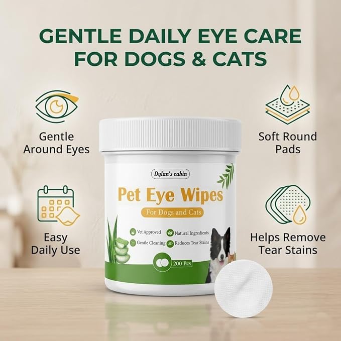 Dylan's cabin Eye Wipes for Dogs - 200 Count Soft Round Cat Eye Cleaning Pads, Alcohol Free pH Balanced Daily Tear Stain Wipes Remove Discharge and Crust