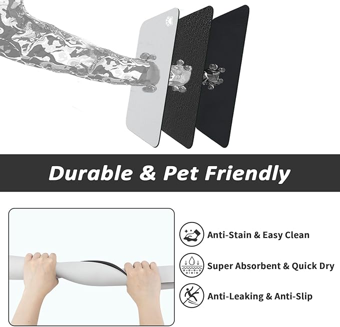 HotLive Dog Food Mat - Absorbent Cat Mat for Food and Water, No Stains Pet Feeding Bowl Mat, Easy to Clean Pet Placemats, Quick Dry Dog Water Dispenser Mat for Messy Drinkers | Paw Light Grey 18"x34"