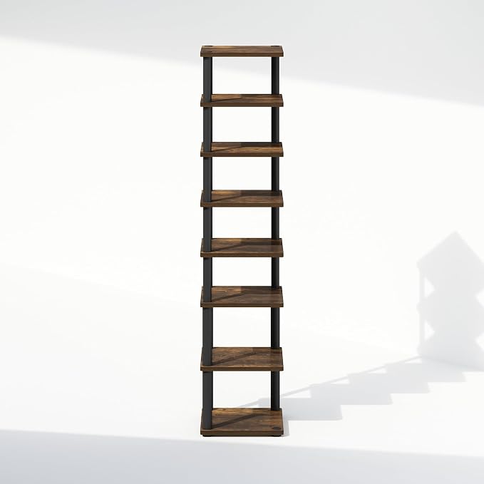 Furinno Turn-N-Tube Corner Shelf, 8-Tier Display Rack, Vertical Corner Storage Rack, Space Saving Organization and Storage, Entryway, Living Room, Closet, Amber Pine