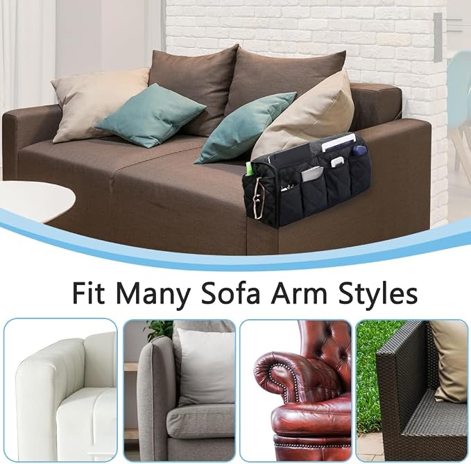 Sofa Armrest Organizer Non-Slip Arm Chair Bedside Caddy Storage Organizer for Recliner Couch with 14 Pockets for Cell Phone TV Remote Control Magazines (Black)