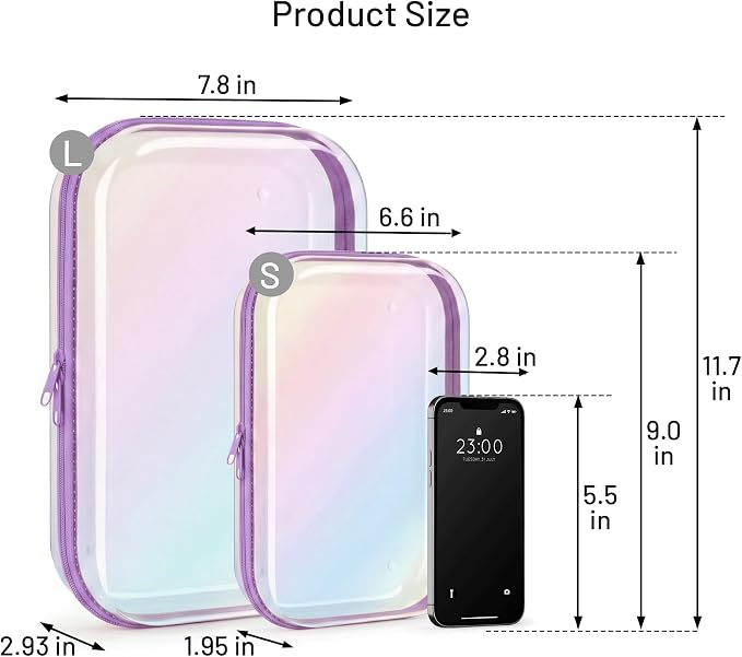 Clear Hard Shell Organizer Cases, 2 Pack | Iridescent PET shell with water-resistant, scratch-resistant surface for travel, toiletries, electronics and daily essentials