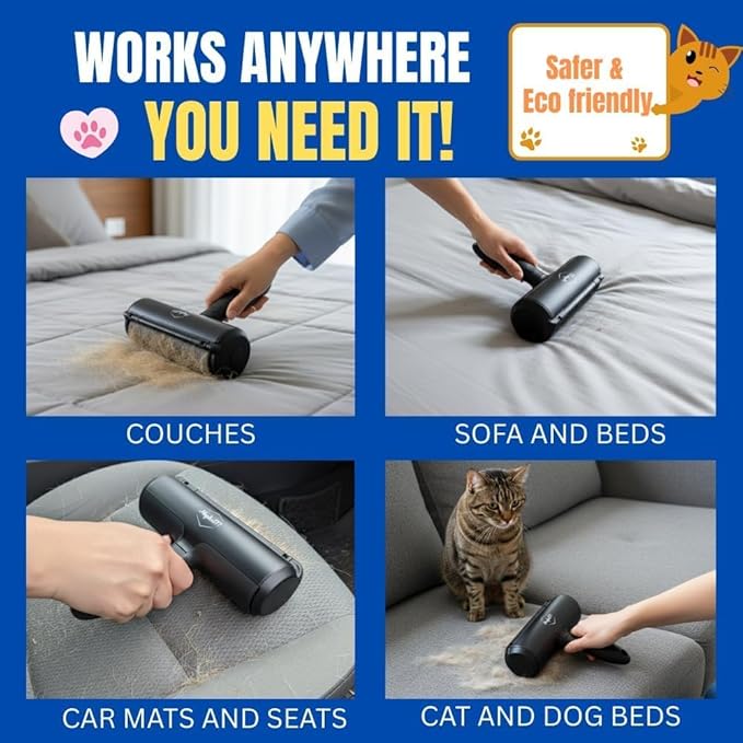Pet Hair Remover Roller | Reusable Lint Roller for Dog & Cat Hair | Multi-Surface Fur Remover for Furniture, Couch, Carpet, Clothes & Bedding | Portable, Eco-Friendly Cleaning Tool (Black)
