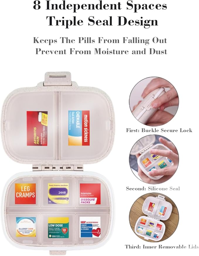 iouwei 7 Day Pill Container with Medicine Labels - Mini Medication Organizer (Purple, 161 Labels)