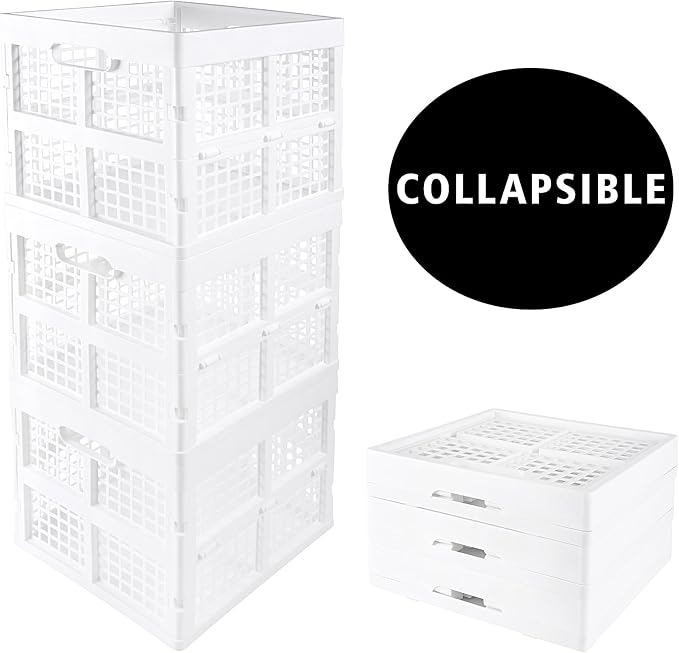Eslite 3-Pack Collapsible Plastic Storage Crates,Foldable Crates for Storage,16L (White)