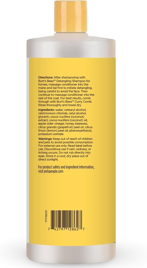 Burt’s Bees for Horses Detangling Conditioner with Coconut Oil & Apple Cider Vinegar, 97.3% Natural Origin Formula, Horse Conditioner for Coat, Mane & Tail, 32 oz