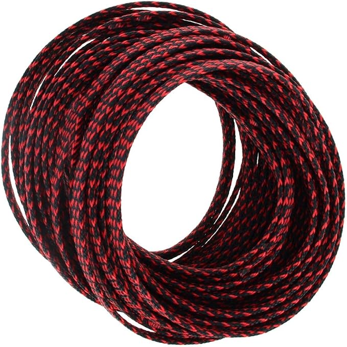 Heyiarbeit 10m/32.8ft PET Expandable Braided Sleeving 3/8-inch Width Flexible Wire Mesh Sleeve for USB Cable Power Cord Audio Video Cable - Protect Cat from Chewing Cords - Black Red