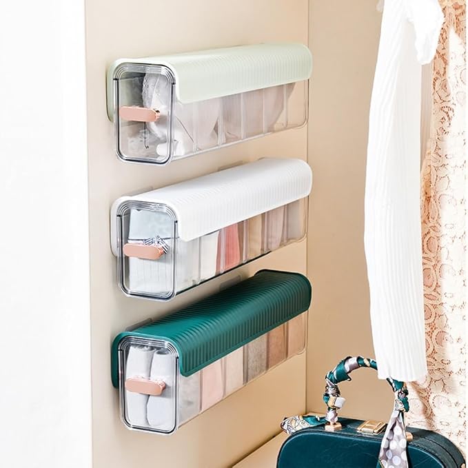 Sock Organizer Gold Plated Handle Transparent Design Adjustable Compartment Space Saving Wall Hang Underwear Cabinet Storage Box(Dark Green)