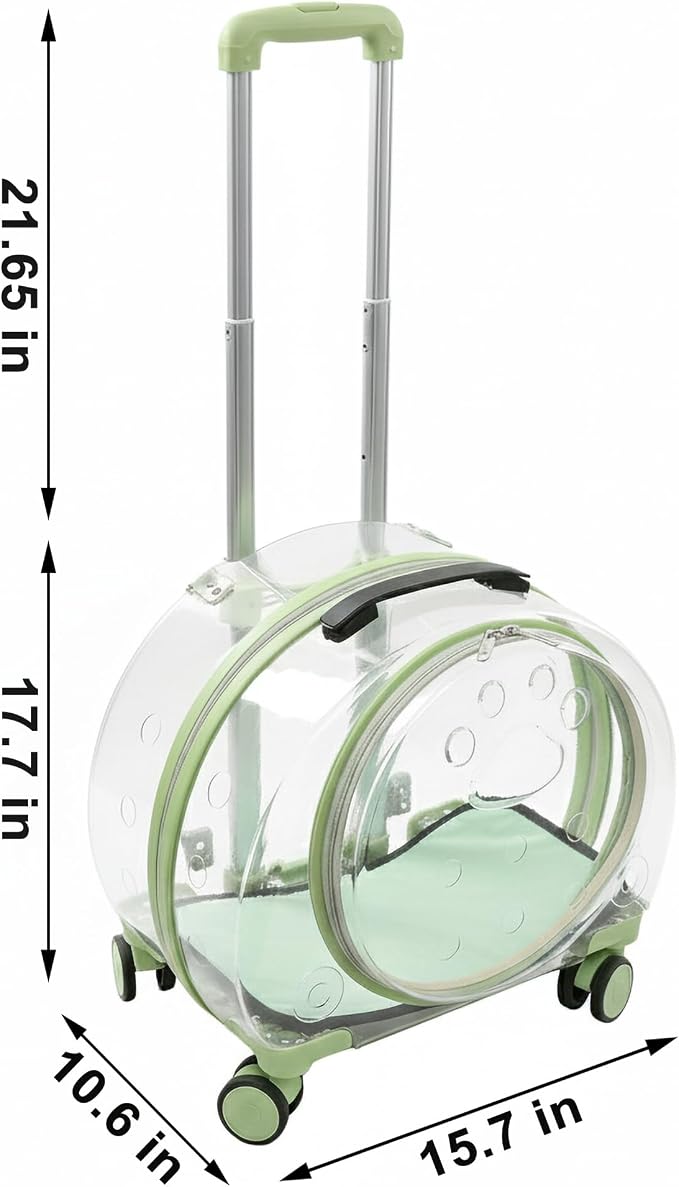 Transparent Hard Shell Cat Carrier with Wheels, Green | Rolling cat carrier, 17-lb max load, Breathable, Telescoping handle, Shoulder strap, Clear pet carrier, Portable, Travel