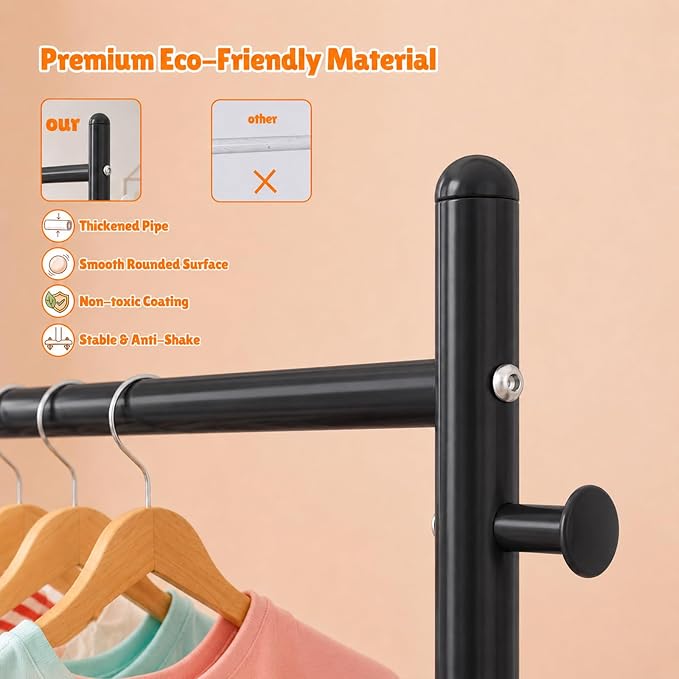 Kids Clothes Rack with Double Rod Height Adjustable Clothing Rack Black | Storage Basket & Hooks, Height Adjustable Kids Clothes Rack, Portable Baby Dress Up Garment Rack for Princess Dresses