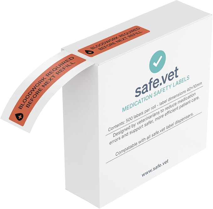 Dispensed Medication Veterinary Pharmacy Labels | Roll of 500 | Clinical-Grade Color-Coded Stickers for Medication Bottles (Bloodwork Required Before Next Refill)