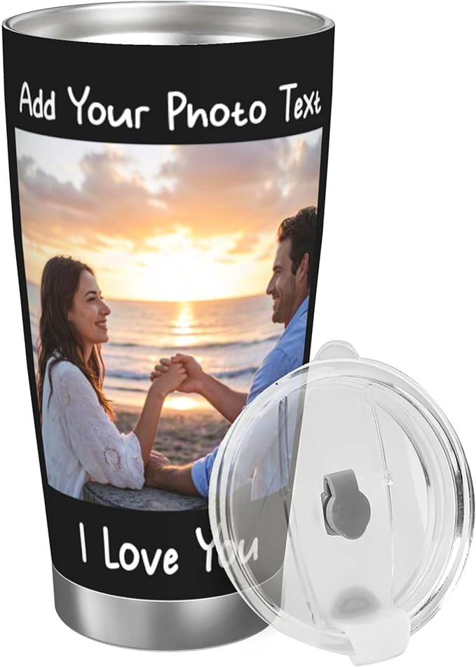 Personalized Stainless Steel Tumbler with Photo Logo Text Name, Custom 20 Oz Coffee Mug for Christmas Anniversary Birthday, Customize Travel Car Thermos Cup for Family Friends