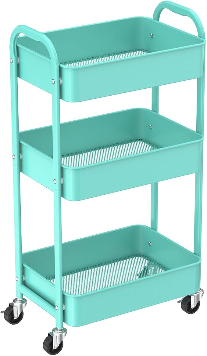 MAX Houser 3-Tier Rolling Utility Cart with Caster Wheels,Easy Assembly, for Kitchen, Bathroom (Turquoise) | Easy Assembly, multi-purpose storage trolley for kitchen, rolling cart with smooth caster wheels for bathroom