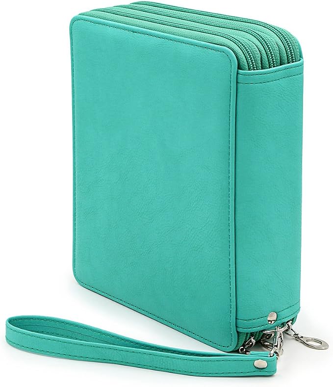 BTSKY Deluxe PU Leather Pencil Case For Colored Pencils - 120 Slot, Green | Pencil Holder with Handle Strap Handy Colored Pencil Box Large for Artists, Adults Coloring, Sketching, Drawing