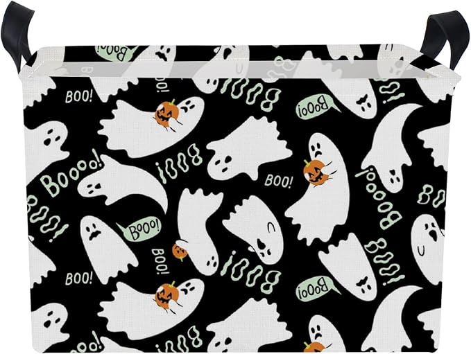 NTAO Gift Storage Basket Empty for Halloween, Storage Bin with Handles, Room Decor, Book Box(Black Ghost Boo)