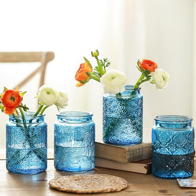 23.7 oz Blue Sunflower Glass Mason Jar, Vintage Canister with Airtight Lid | Coffee Beans, Loose Tea, Cookies, Candy, Bath Salts, Laundry Detergent, Pantry Organization, Bathroom Organization