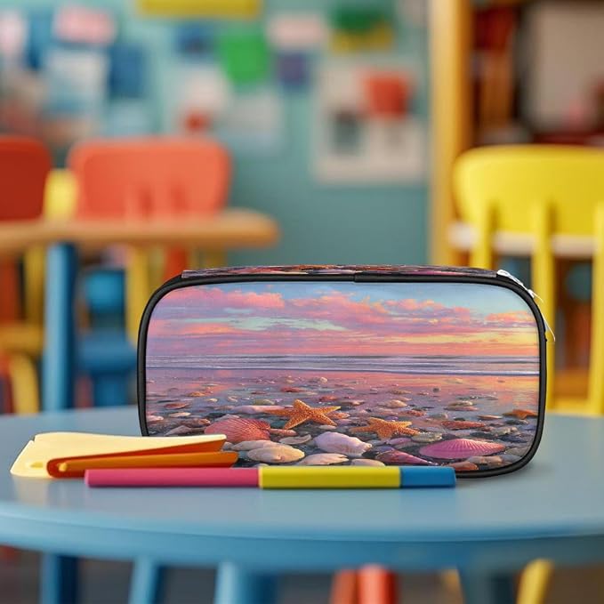 Pencil Case Pouch, Sunset Beach Shell Starfish Large Pen Bag with Zipper, Portable Zipper Pencil Pouch Organizer for Student Teen Girls Boys