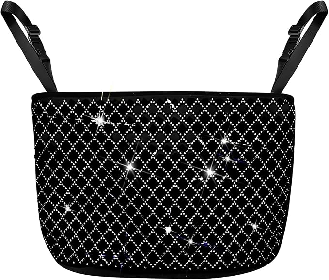 zipelo Bling Car Net Pocket Handbag Holder, Rhinestone Vehicle Backseat Purse Organizer Between Seats, Diamond Hanging Storage Bag Barrier of Pet Kids, Universal Automotive Accessories (White)