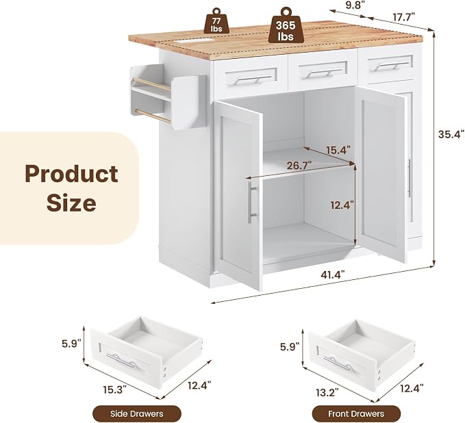 Dripex 41.5'' Kitchen Island with Power Outlet, Trash Cabinet & Storage | Rolling Kitchen Cart with Drop Leaf, Rubberwood Top, 3 Drawers, Mobile Kitchen Island on Wheels for Dining Room, White