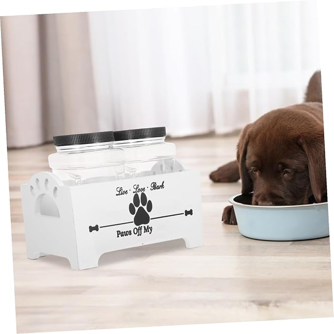 HOMSFOU Wooden Dog Treat Container Box with Airtight Lid and Double Jars, Pet Food Storage Organizer for Household Use, White Crate Suitable for Dog Snacks and Biscuits