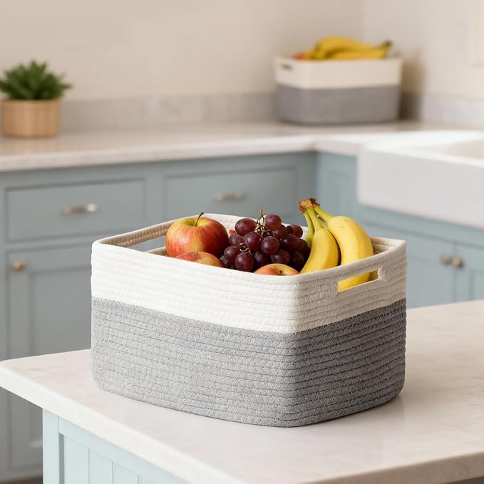 5 Pack Woven Storage Baskets, Decorative Storage Bins for Organizing | 13.8'' × 9.8'' × 7.9'', Cotton Rope Basket Organizer for Closet, Shelves, bathroom, Nursery, Toys, Books, Pantry, Gray/White