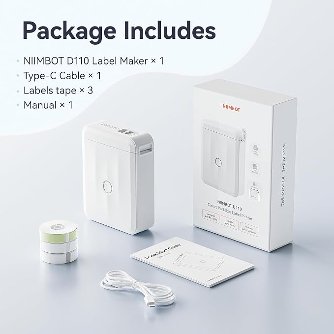 NIIMBOT D110 Upgraded Version Mini Label Maker Machine with 3 Tapes, White | Portable Bluetooth Thermal Printer, Sticker Labeler with Multiple Templates for Office Organization Home Kitchen School