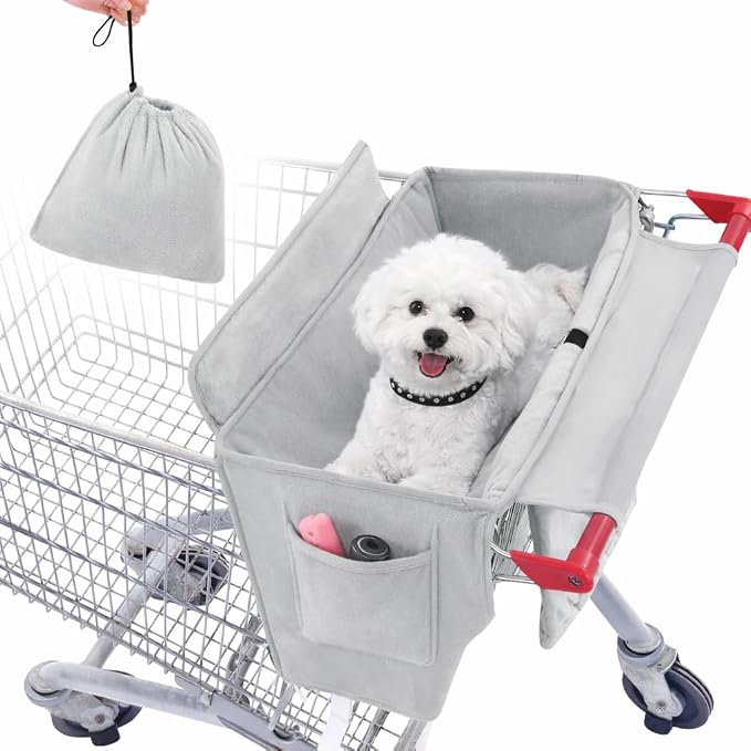 Dog Shopping Cart Cover with 2 Side Pockets, Soft Padded Pet Cart Seat Cover with Sponge Cushion, Foldable Shopping Cart Liner with Carry Bag, Fits Most Shopping Carts