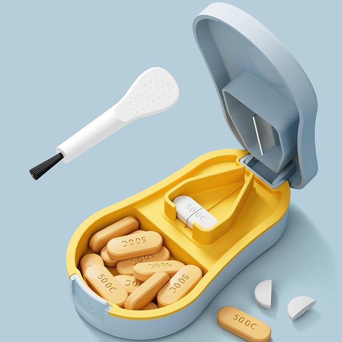 Pill Cutter for Small and Tiny Pills - Pill Splitter with Detachable Silicone Pad - Easy Open Snap Button. Wrap-Around Blade Guard Prevents Cuts. Back Storage (Blue)