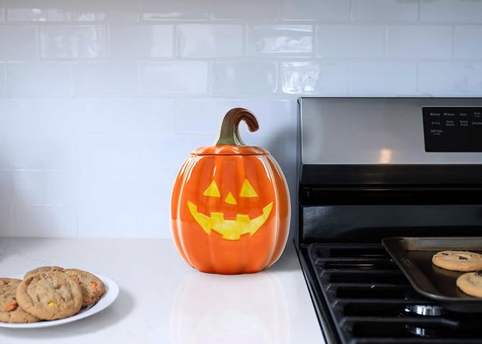 Dolomite Ceramic 10.5 x 7.9 Halloween Cookie & Candy Jar with Airtight Lid: Perfect for Kitchen Canisters, Pet Treat Containers & Fall Decorative Candy Dish, Pumpkin Jack-O-Lantern