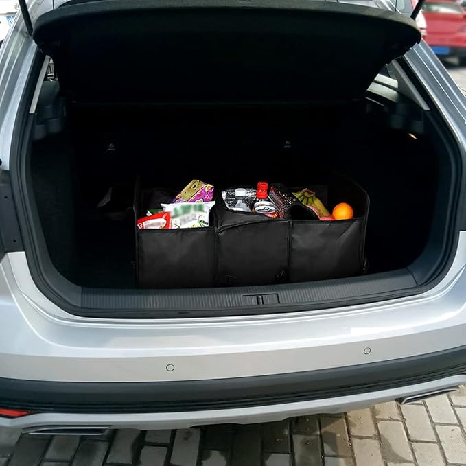 8sanlione Car Trunk Organizer, 3 Compartments, Insulated Section, Black | For sedans, SUVs, vans, woven fabric shell, side grips, light-item sorting, wipe-clean care, automotive interior accessories