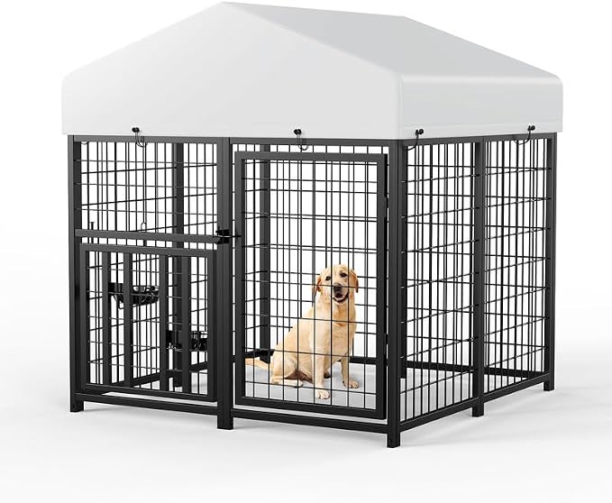 ROOMTEC Large Dog Kennel Outdoor Pet Pens Dogs Run Enclosure Animal Hutch Metal Coop Fence with Roof Cover (4'L x 4'W x 4.25'H)