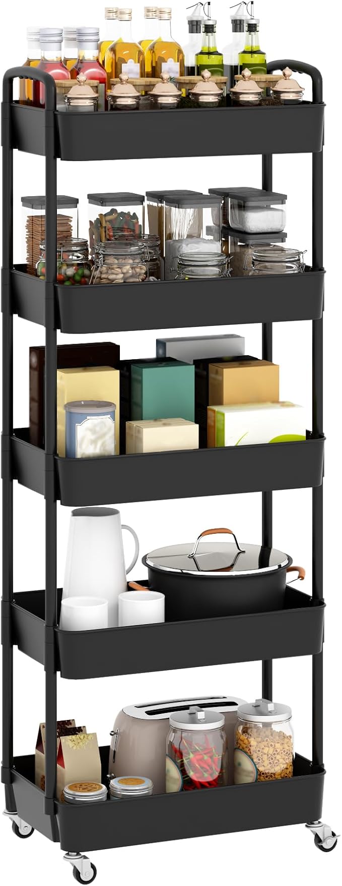 Sywhitta 5-Tier Plastic Rolling Utility Cart with Wheels,Black | Multi-Functional Storage Trolley, for Office, Living Room, Kitchen, Bathroom,Movable Organizer,Space-Saving,Easy to assemble