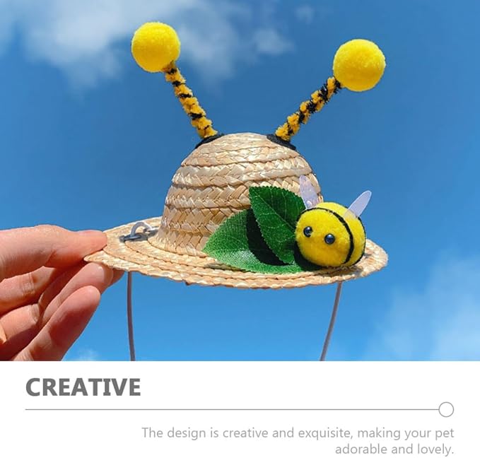 YARNOW Creative Bee-Shaped Pet Hat for Dogs and Cats, Wheat-Straw Material, Safe and Delicate Design, for Holidays and Halloween Party Decoration