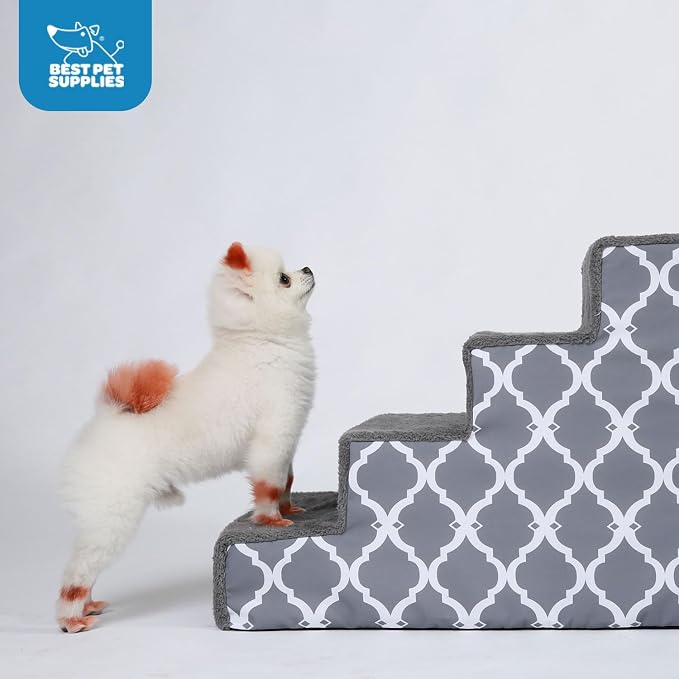 Best Pet Supplies Dog Stairs & Steps - Foam Steps for Small Dogs & Cats, Non-Slip Indoor Balanced Pet Step Support, Dog Ramp, No Assembly, Gray Lattice Print, 4-Step (18-inch Height)