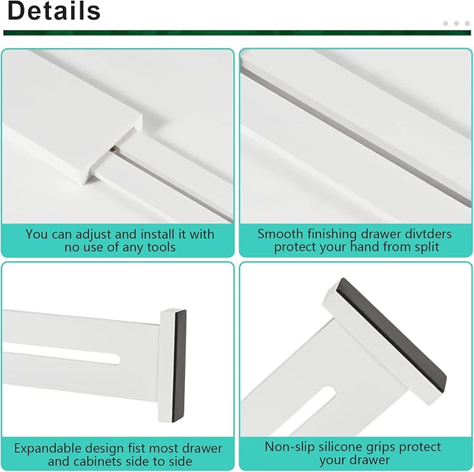 4 Pack Bamboo Drawer Dividers 2.6" High, Adjustable from 12 Inch to 17 Inch | Expandable Kitchen Drawer Organizer Separators for Clothes, Kitchen, Bedroom, Dresser, Office (White)