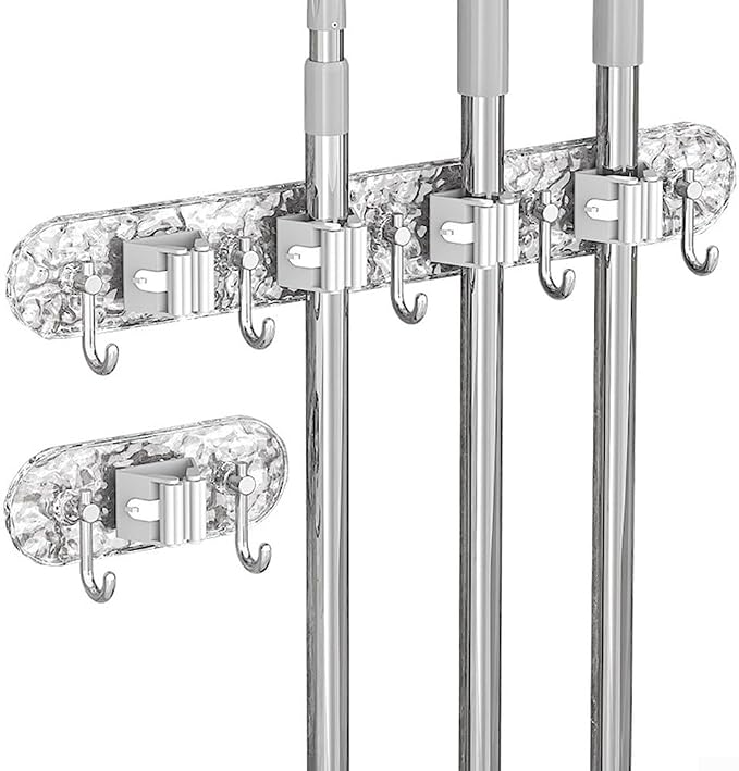 Wall Mount Mop Holder, Broom Storage Rack with Adjustable Rolling Balls, PET ABS Silicone Tool Organizer for Kitchen Garage Bathroom Closet Office(L)