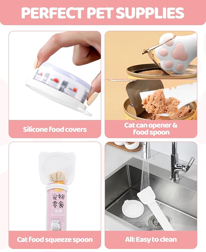 5 PCS Cat Food Can Covers Lids Set, Silicone Pet Food Can Lids with Multi-Function Cat Food Spoon and Opener, Cat Bar Squeezer, Stainless Steel Wet Food Spoon for Cats and Dogs (Pink) (White)