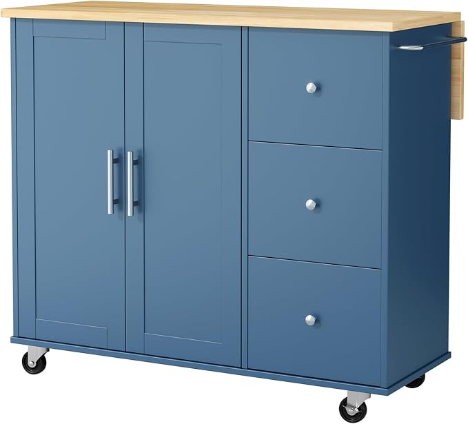 QAQA 40" Kitchen Island Cart Furniture cart on Wheels Rolling Portable Dining Room Serving Utility Carts Mobile Movable with Drawers Cabinet,Blue