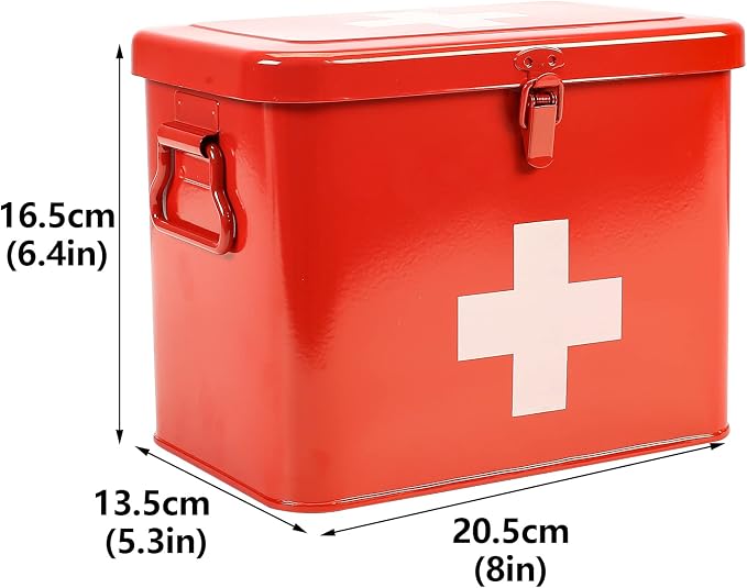 First Aid Kit, First Aid Medicine Supplies Bin - 2-Tier Metal Medicine Storage Tin, Samll First Aid Box with Removable Tray for Home & Workplace Emergency Tool Set - Red