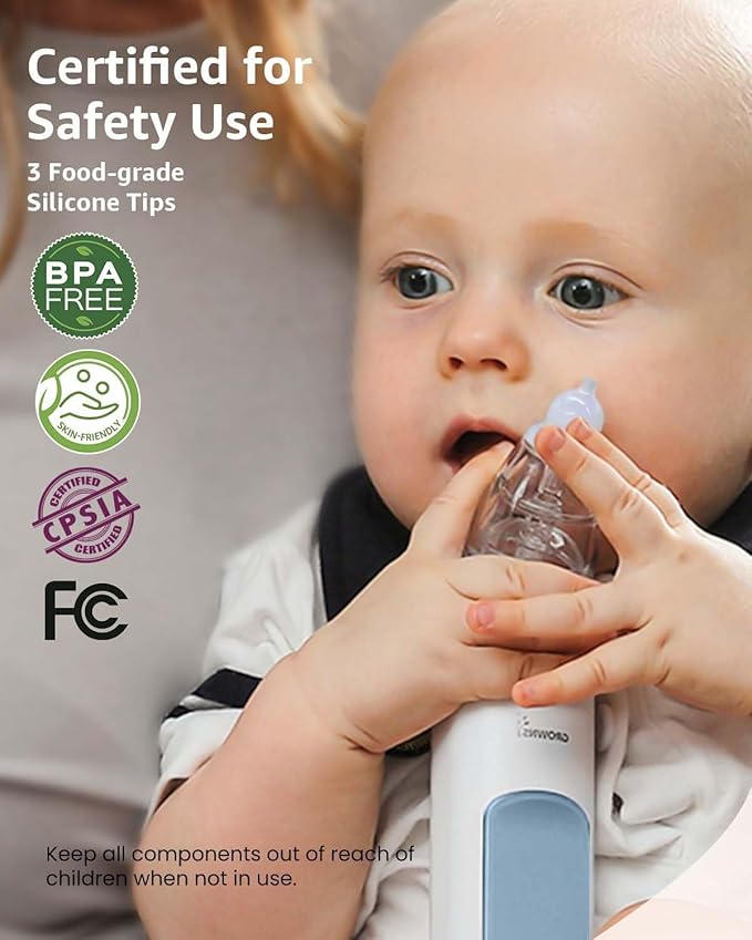 GROWNSY Nasal Aspirator for Baby, Electric Nose Aspirator for Toddler, Baby Nose Sucker, Automatic Nose Cleaner with 3 Silicone Tips, Adjustable Suction Level, Music and Light Soothing Function, Blue
