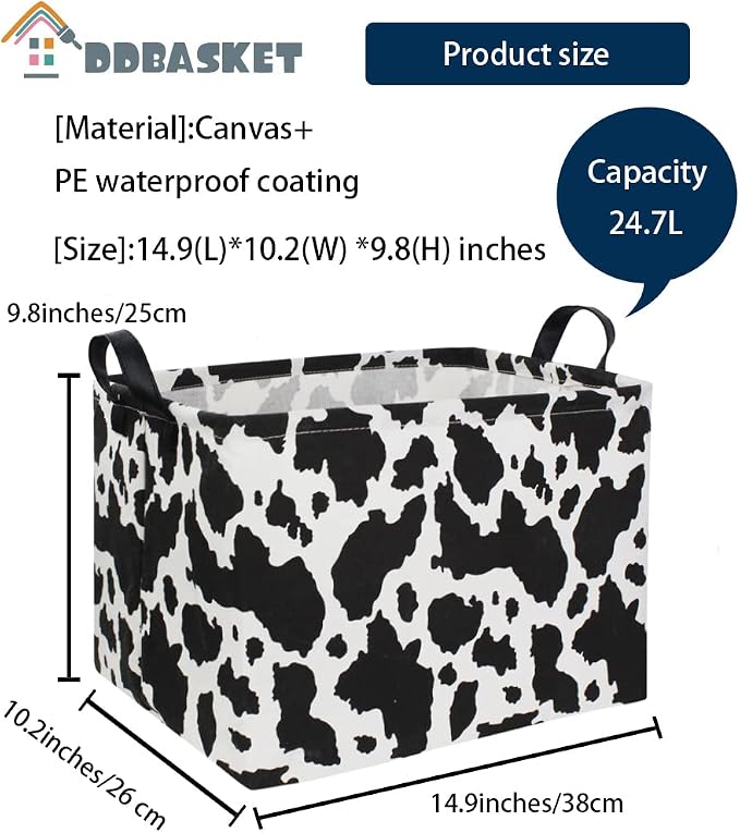 Rectangle Cow Basket Cow Print Storage Bins Cute Canvas Organizer Bin for Bedroom Decor Books, Clothes Shelves Gift Basket(Cow print)