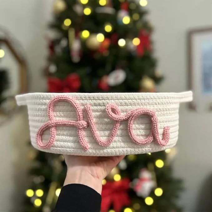 Personalized Cute Small Woven Basket with Handles, Custom Cotton Rope Room Shelf Storage Basket, Empty Decorative Gift Basket, Decorative Round Bin for Nursery Bedroom Bathroom (Style D)