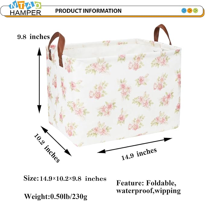 NTAOHAMPER Rectangular Pink Flower Basket for Girls, Storage Bin with Handles, Room Decor, Gift Basket(Pink Flower)