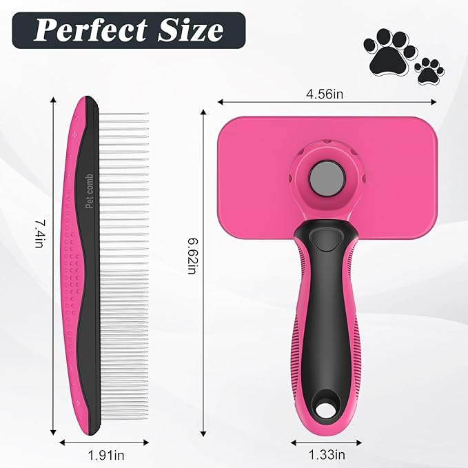 2PCS Self Cleaning Slicker Brush & Dog Comb - Skin Friendly Deshedding Grooming Tool for Dogs, Cats and Small Animals, Professional Deshedding Dematting Tool for Long and Short Haired Pets (Red)