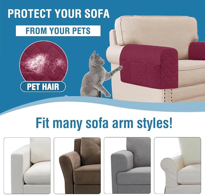 2 Pack Water Resistant Armrest Covers for Chairs and Sofas Couch Arm Covers for Sofa with 3 Pockets for Phone Sofa Arm Protector for Pets, Cats (Wine Red)